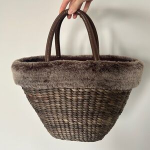 Bath & Body Works Woven Basket Tote Bag with Faux Fur Trim – Brown